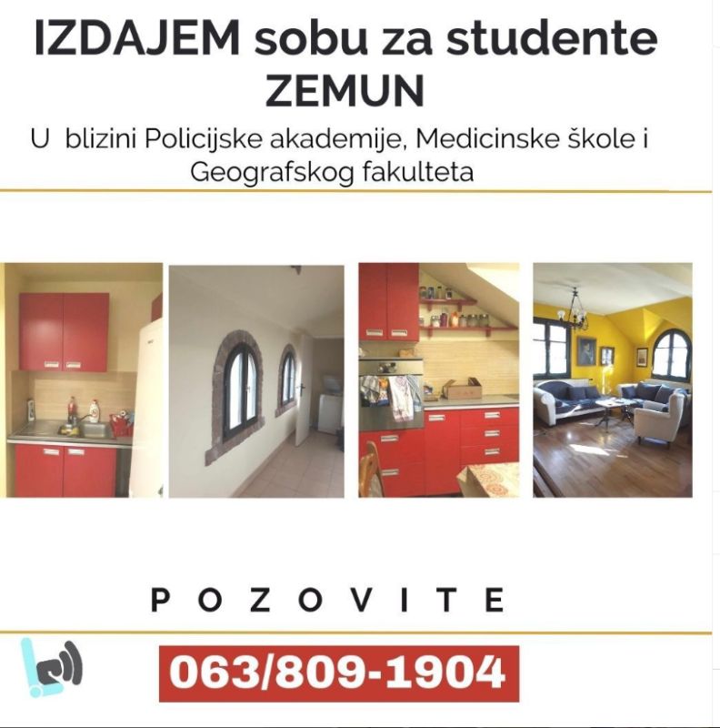 Zemun, izdajem studentima dvokrevetnu sobu - Izdavanje Rentiranje Soba Oglasi Beograd